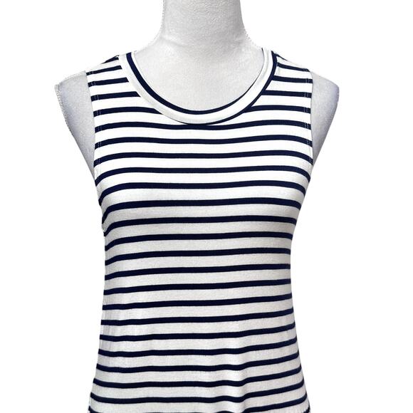 Everly Tank Top Striped Pattern Sleeveless Scoop Neck Fringe Hem White Blue XS - Picture 2 of 8